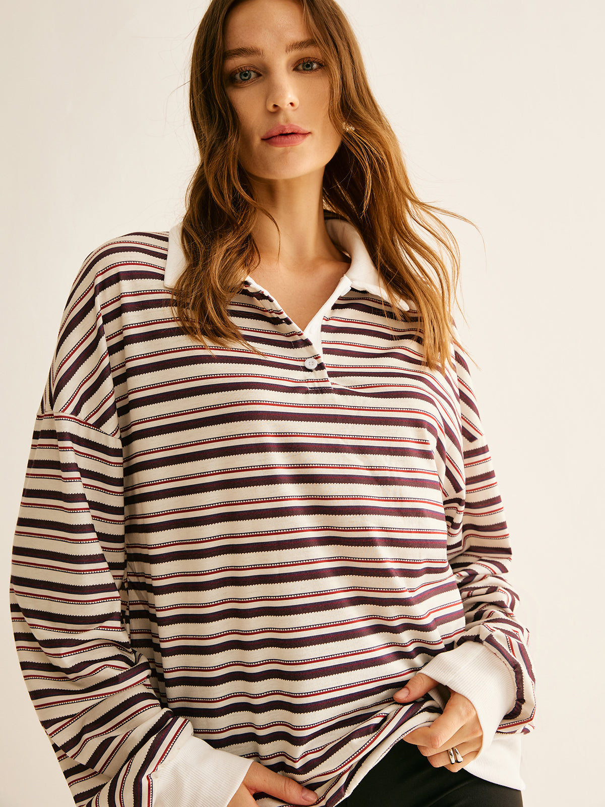 Contrast Trim Striped Polo Sweatshirt