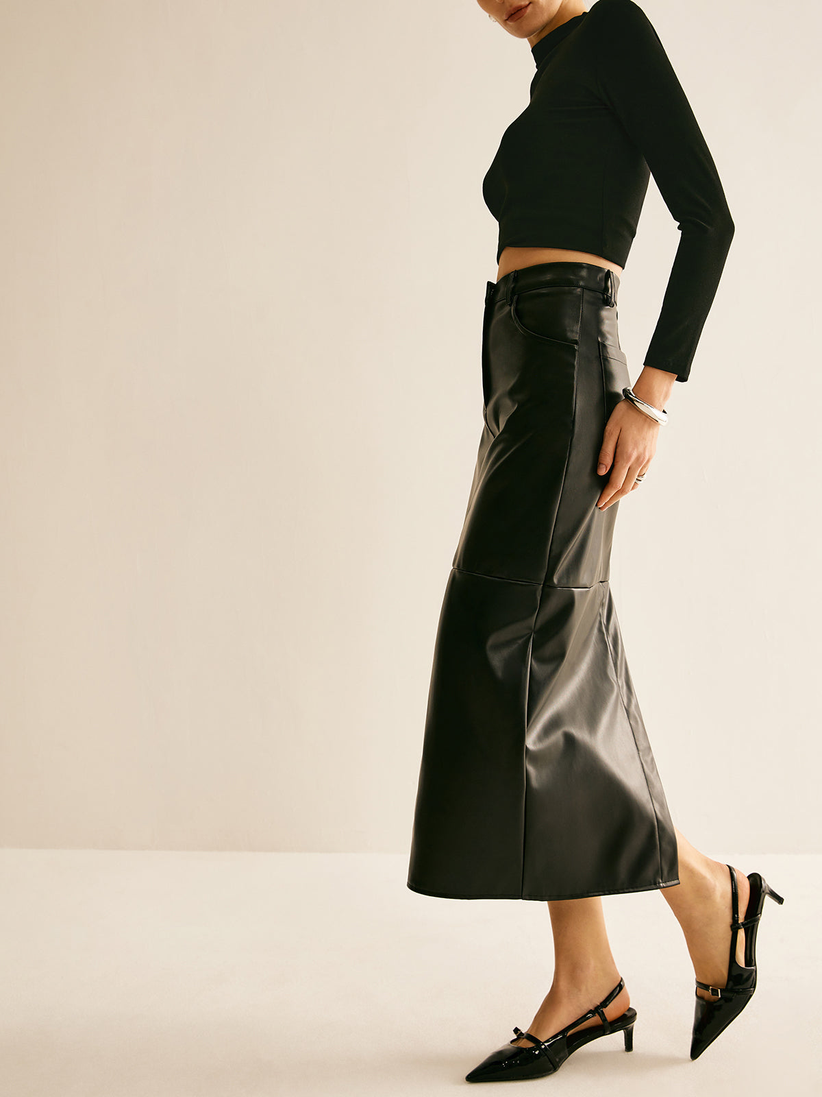 Piping PU Leather A-Line Skirt