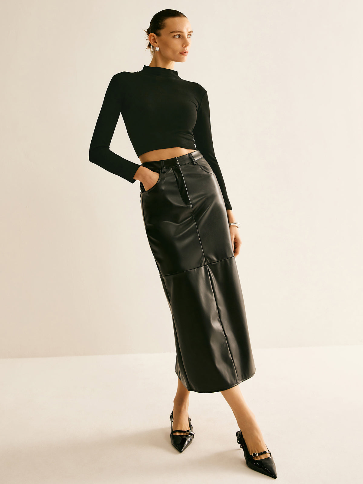 Piping PU Leather A-Line Skirt