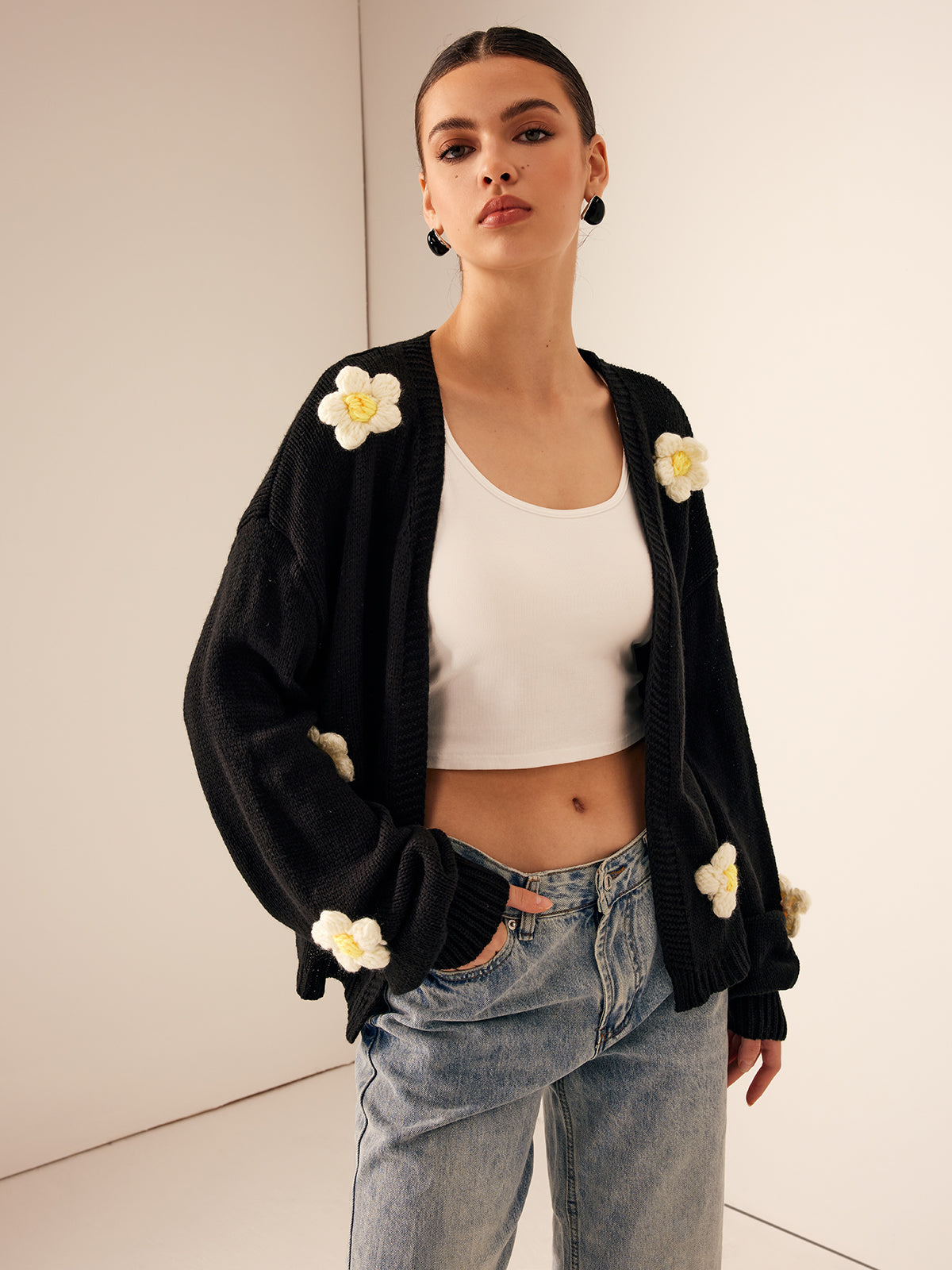 3D Embroidered Flower Lantern Sleeve Cardigan