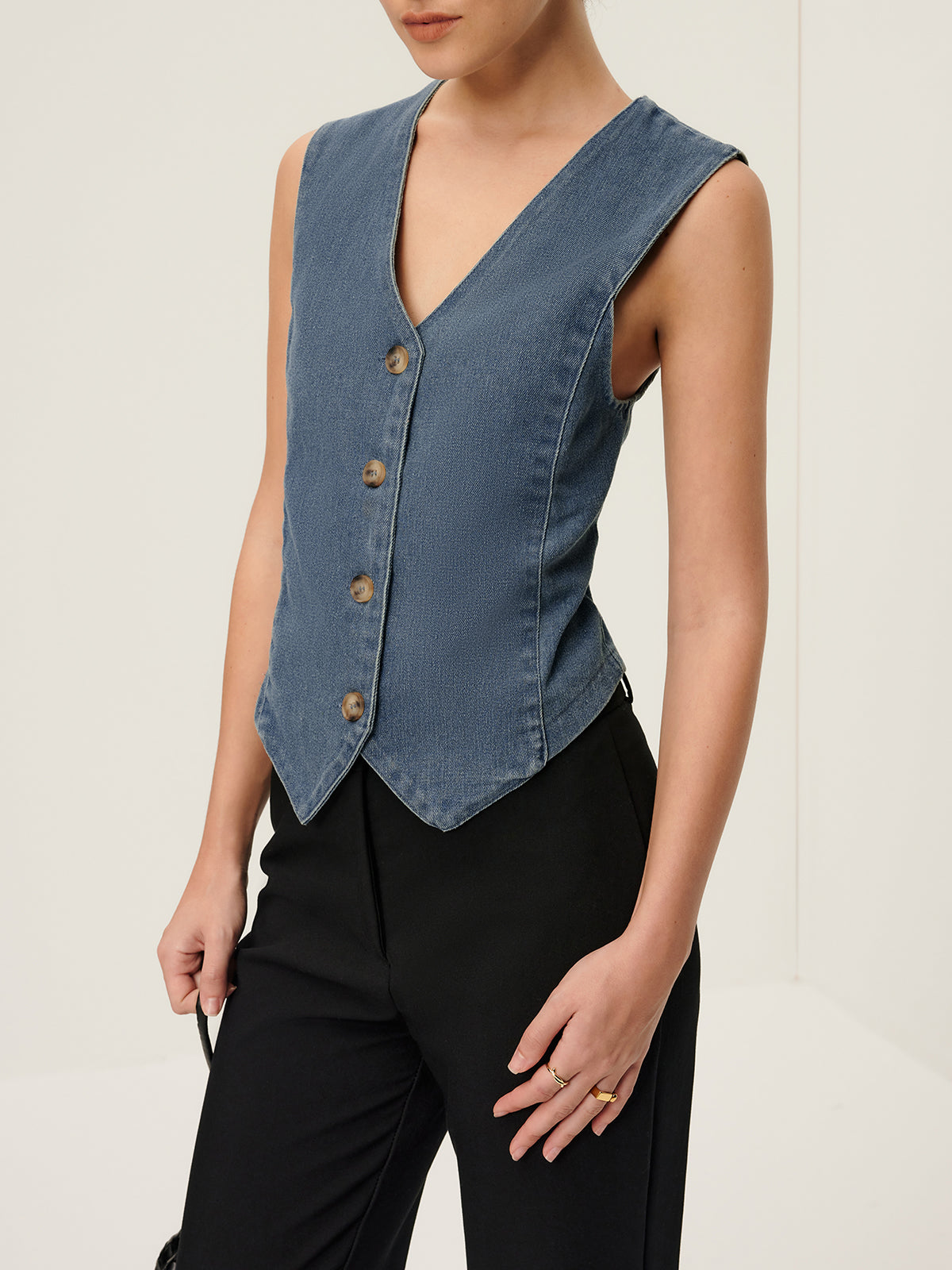 V-Neck Piping Button Denim Vest