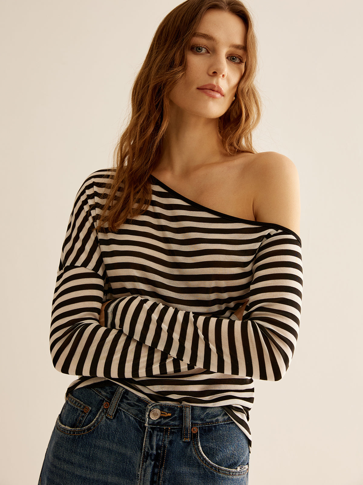 Asymmetrical Collar Striped T-Shirt