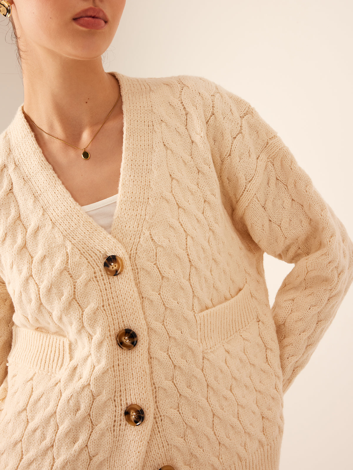 Elegant V-Neck Ribbed Cable Cardigan