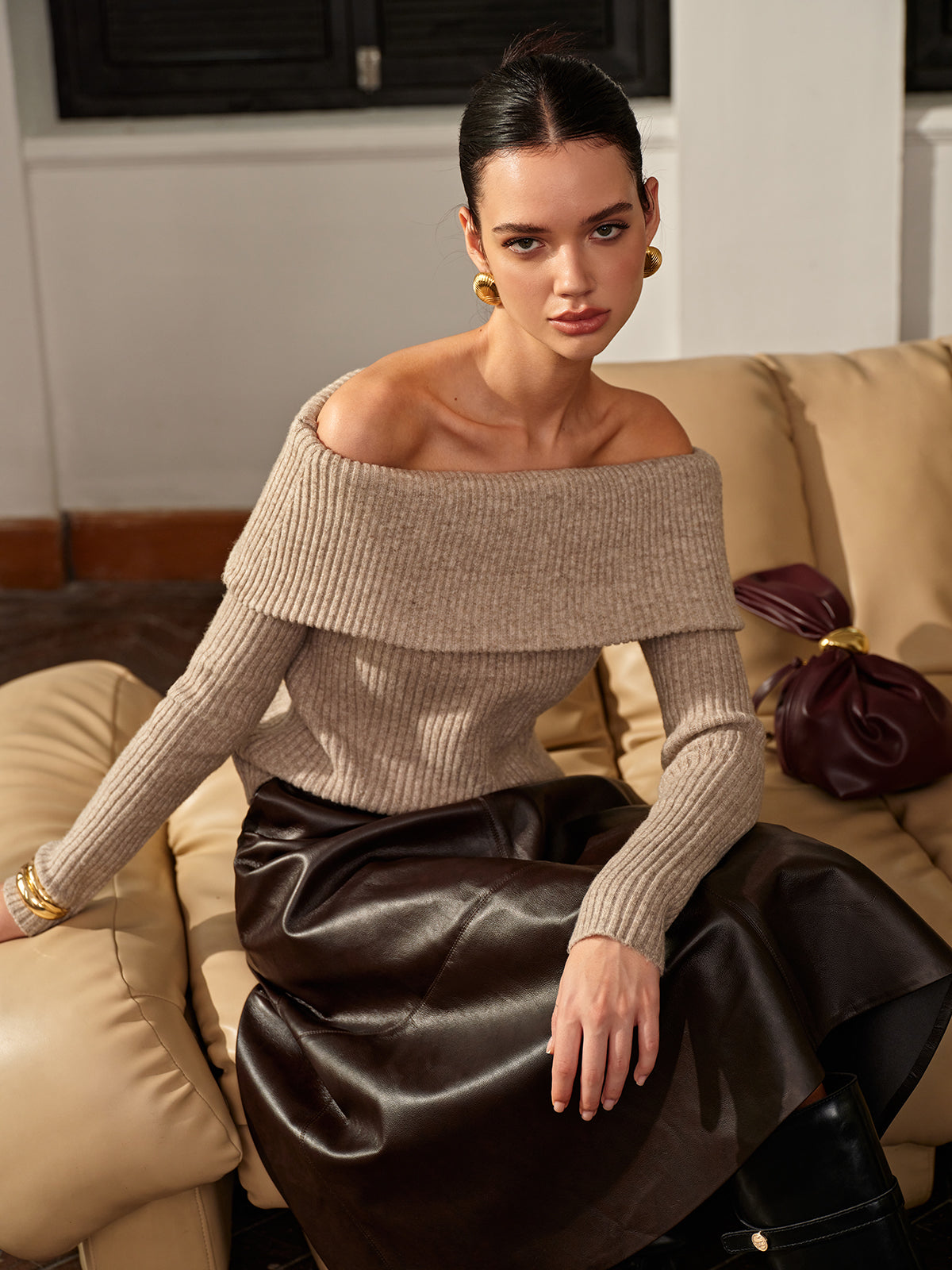 Wool-Blend Plain Off-Shoulder Sweater