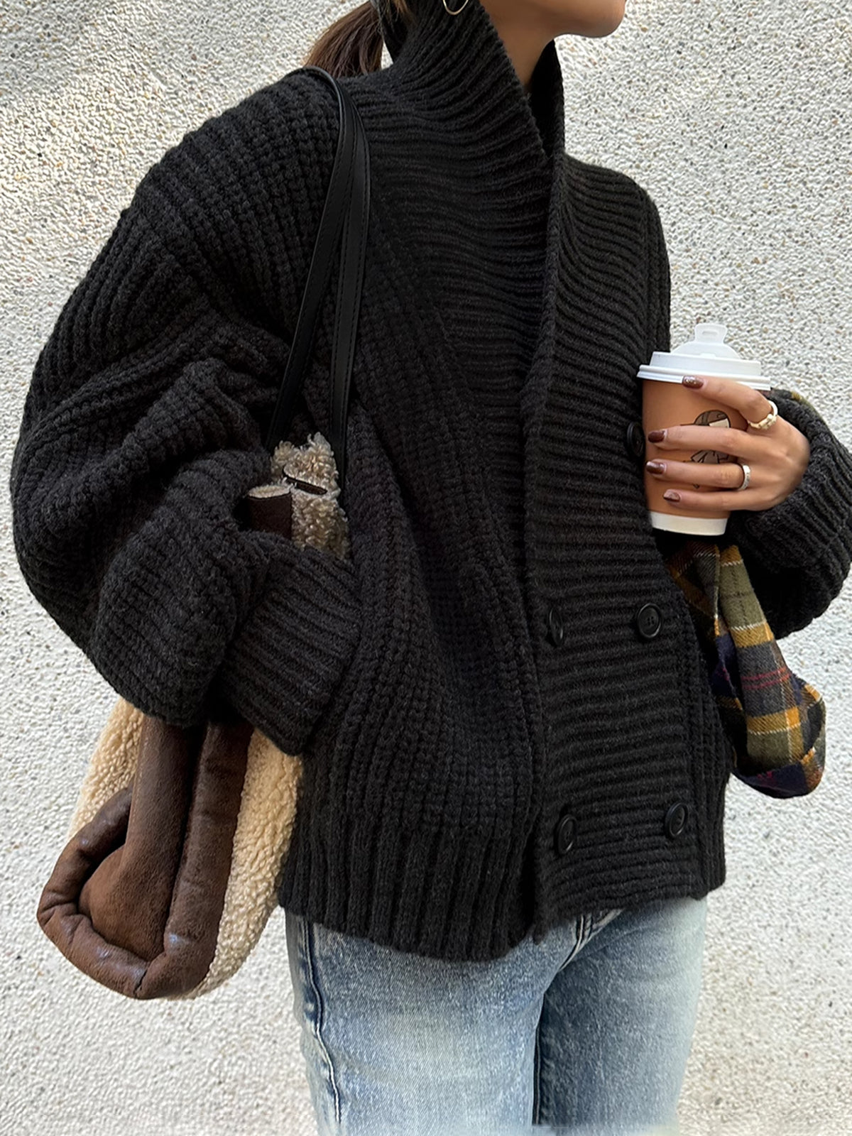 Ribbed Lapel Button Knit Outerwear