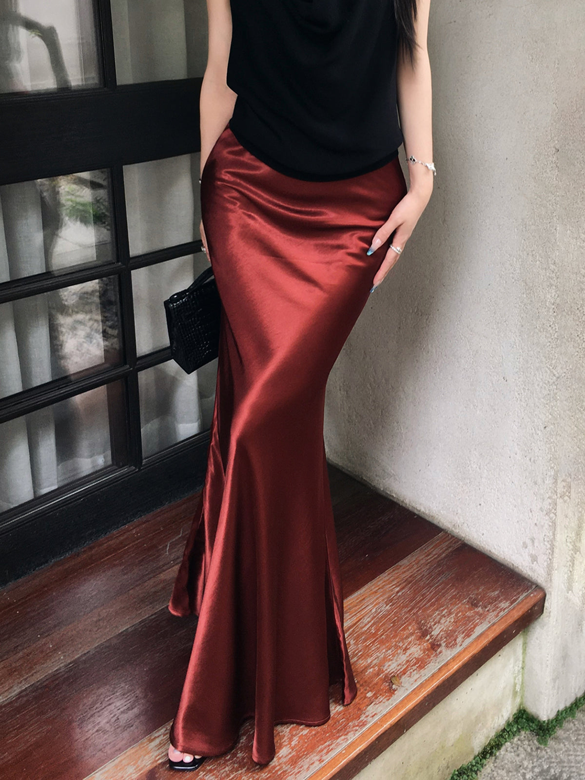 Pleated Satin Maxi Skirt