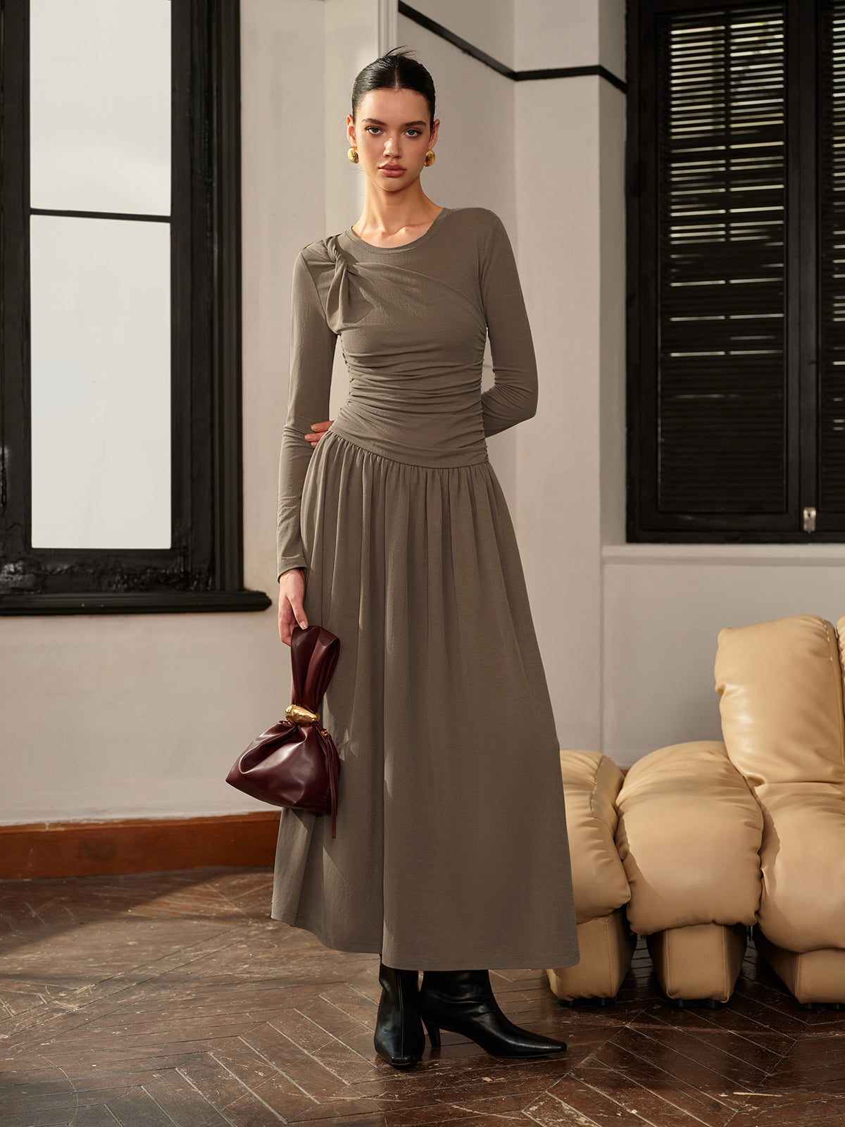 Knotted Pleated Jersey Dress