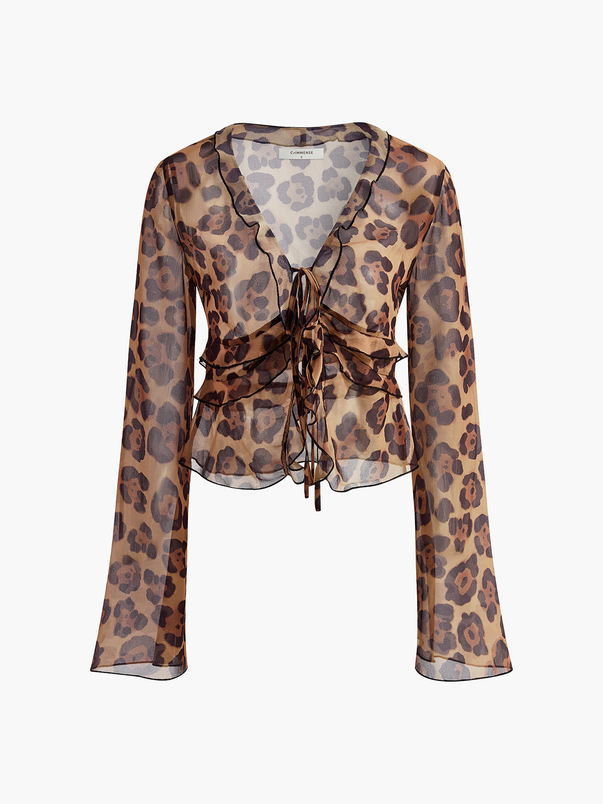 Leopard Print Semi-Sheer Ruffle V-neck Shirt