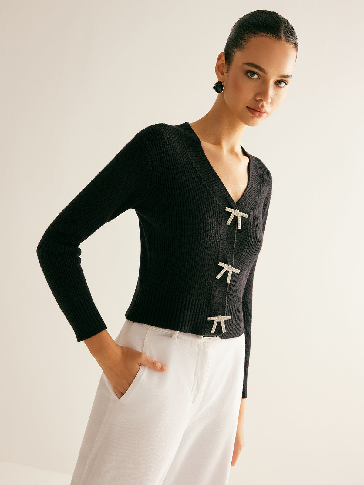 Ribbed Rhinestone Bow Slim Cardigan