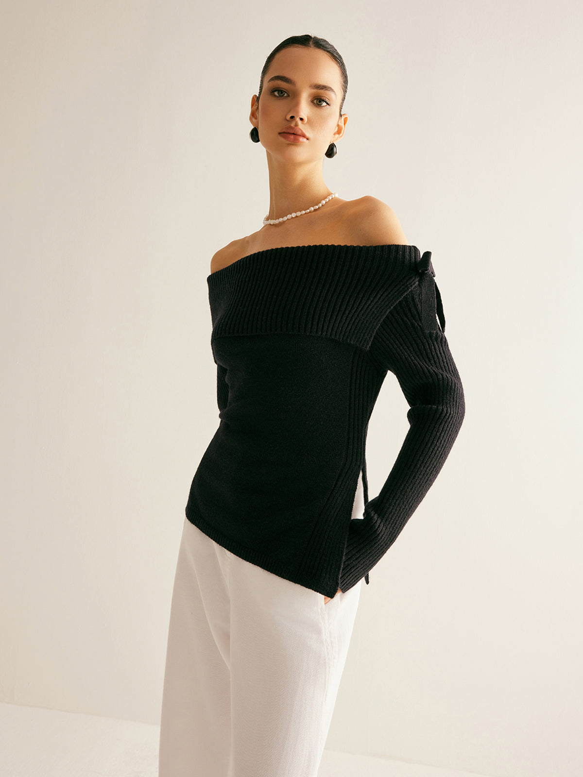 Off-Shoulder Ribbed Bow Slit Sweater