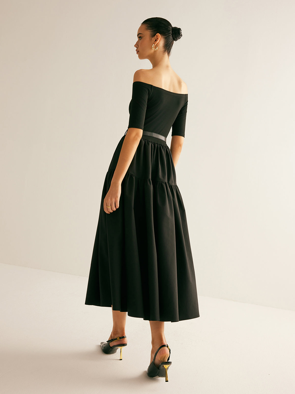 Cold-Shoulder Panel Pleated Belted Dress