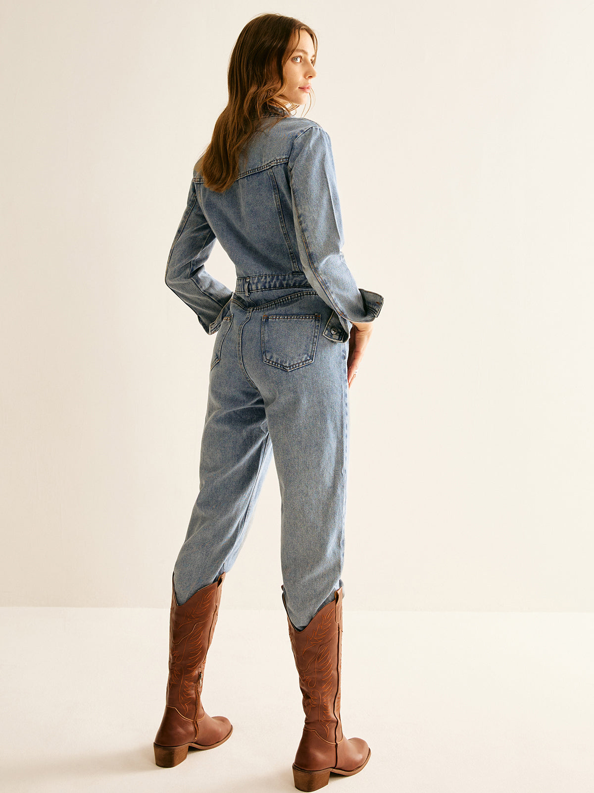 Cotton Long Sleeve Denim Jumpsuit Without Belt