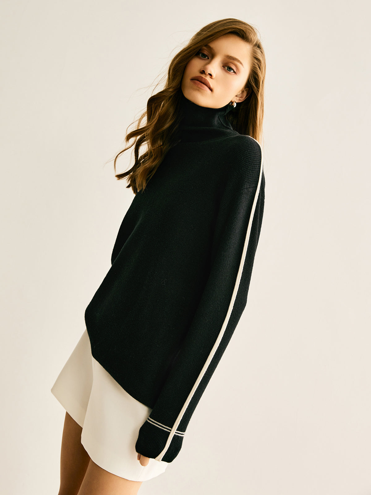 Side Contrast-Striped Turtleneck Sweater