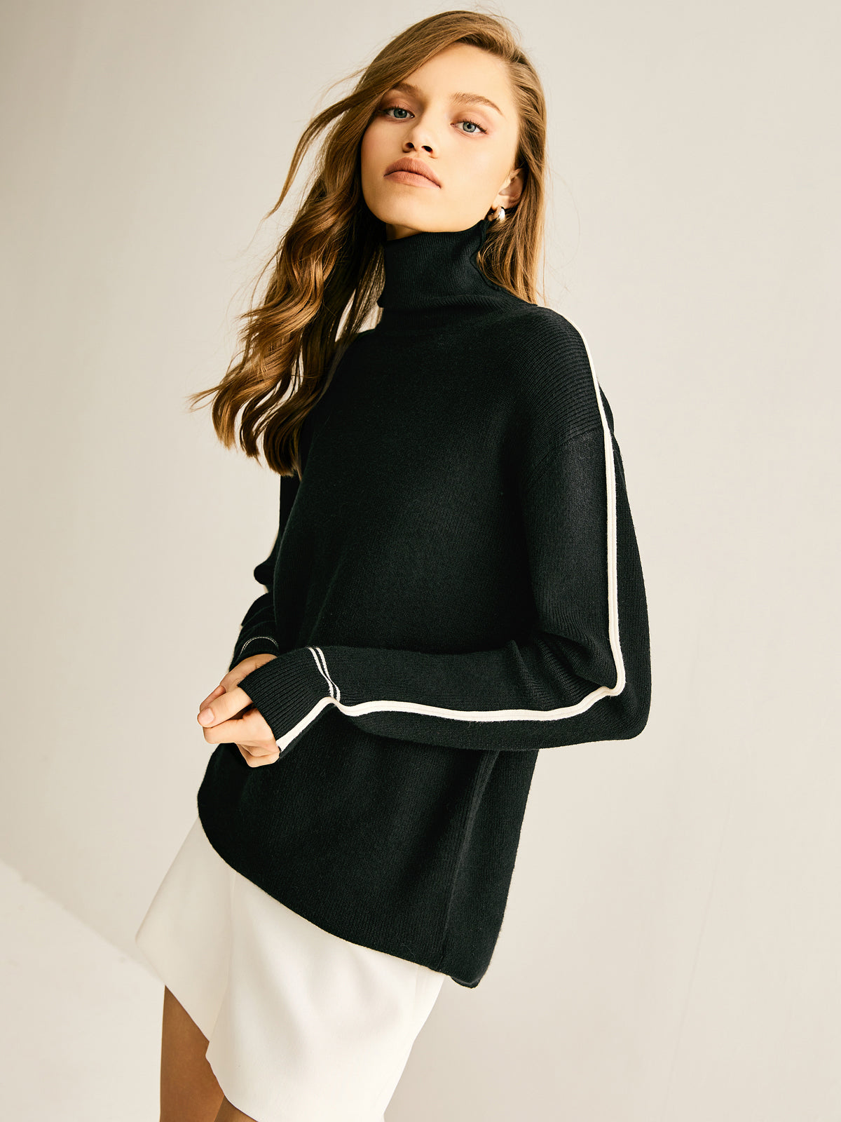 Side Contrast-Striped Turtleneck Sweater