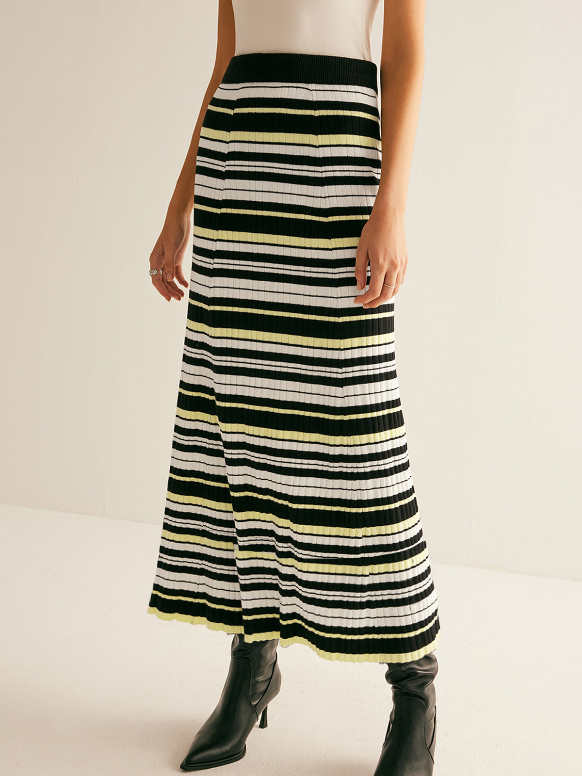 Striped Stretch Sweater Midi Skirt