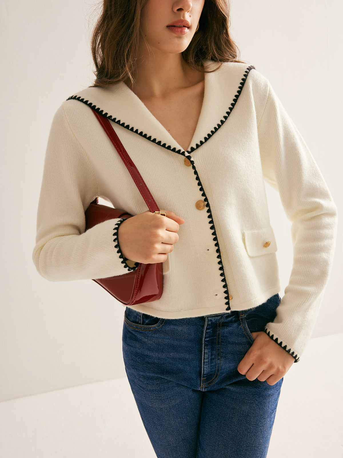 Sailor-Collar Contrast-Trim Button Cardigan