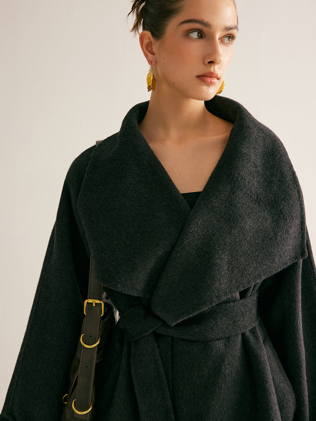 Large Collar Belted Wool Long Coat