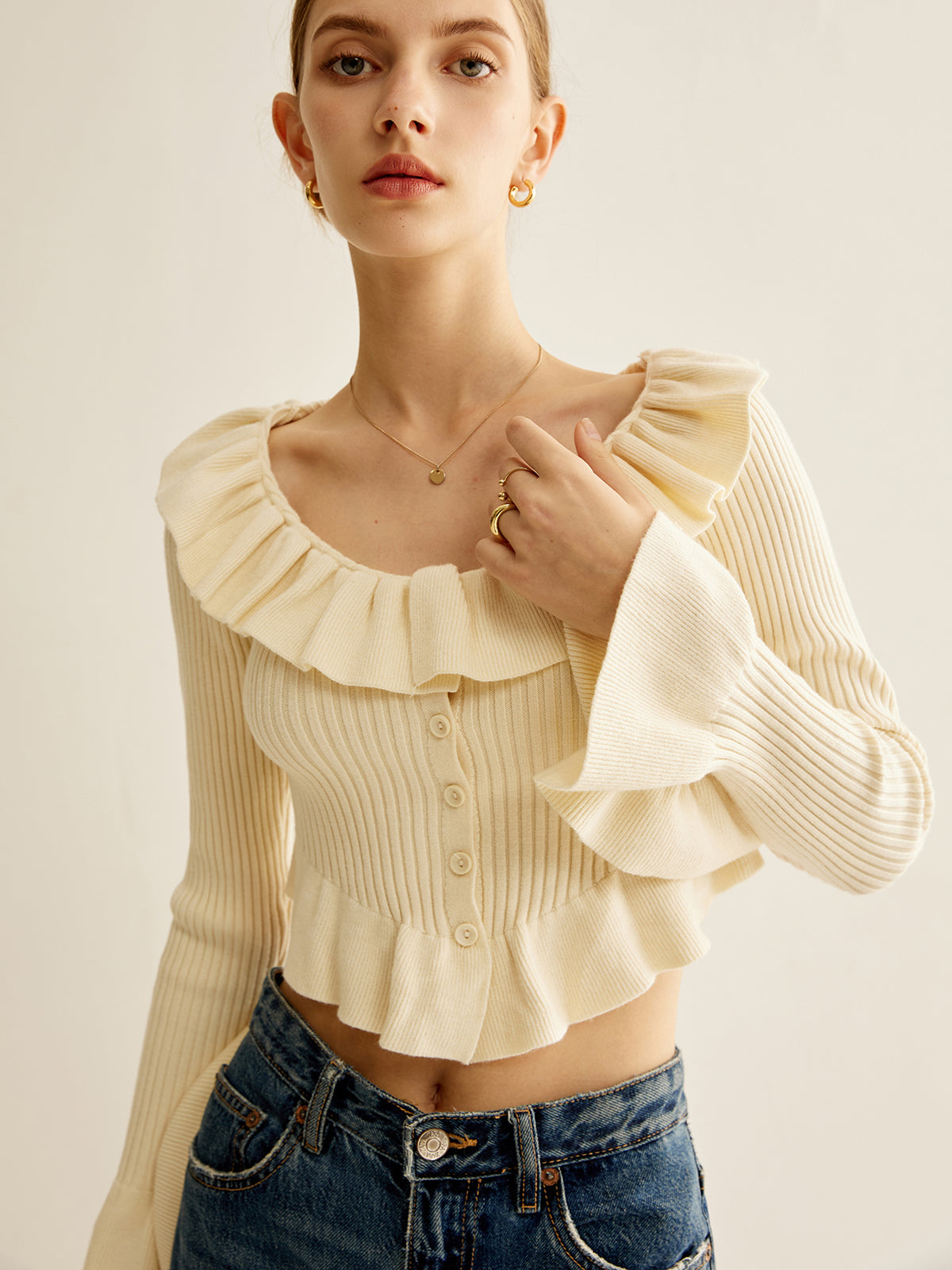 Ruffle Button Knit Top