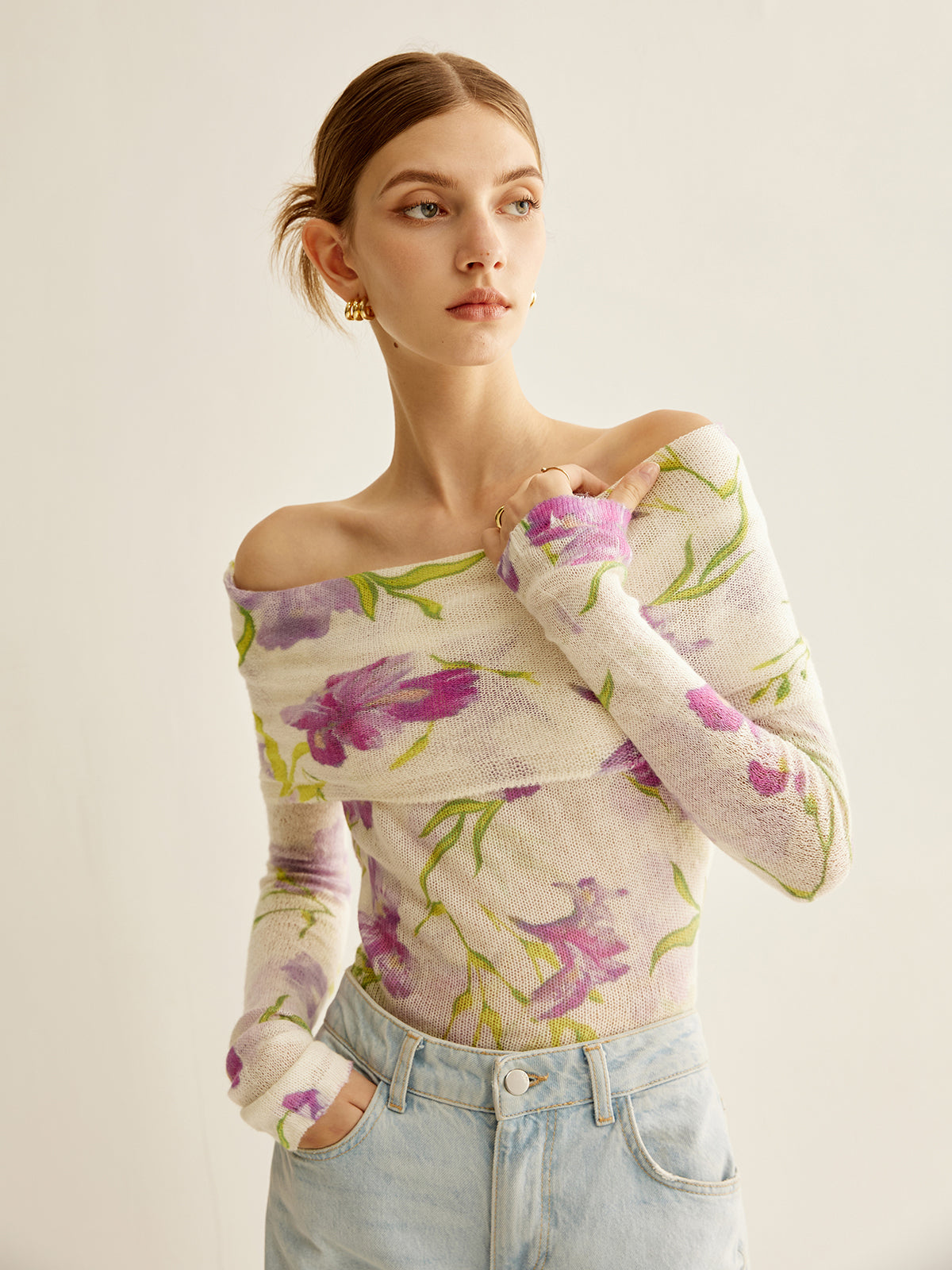 Romance Off-Shoulder Printed Knit Top