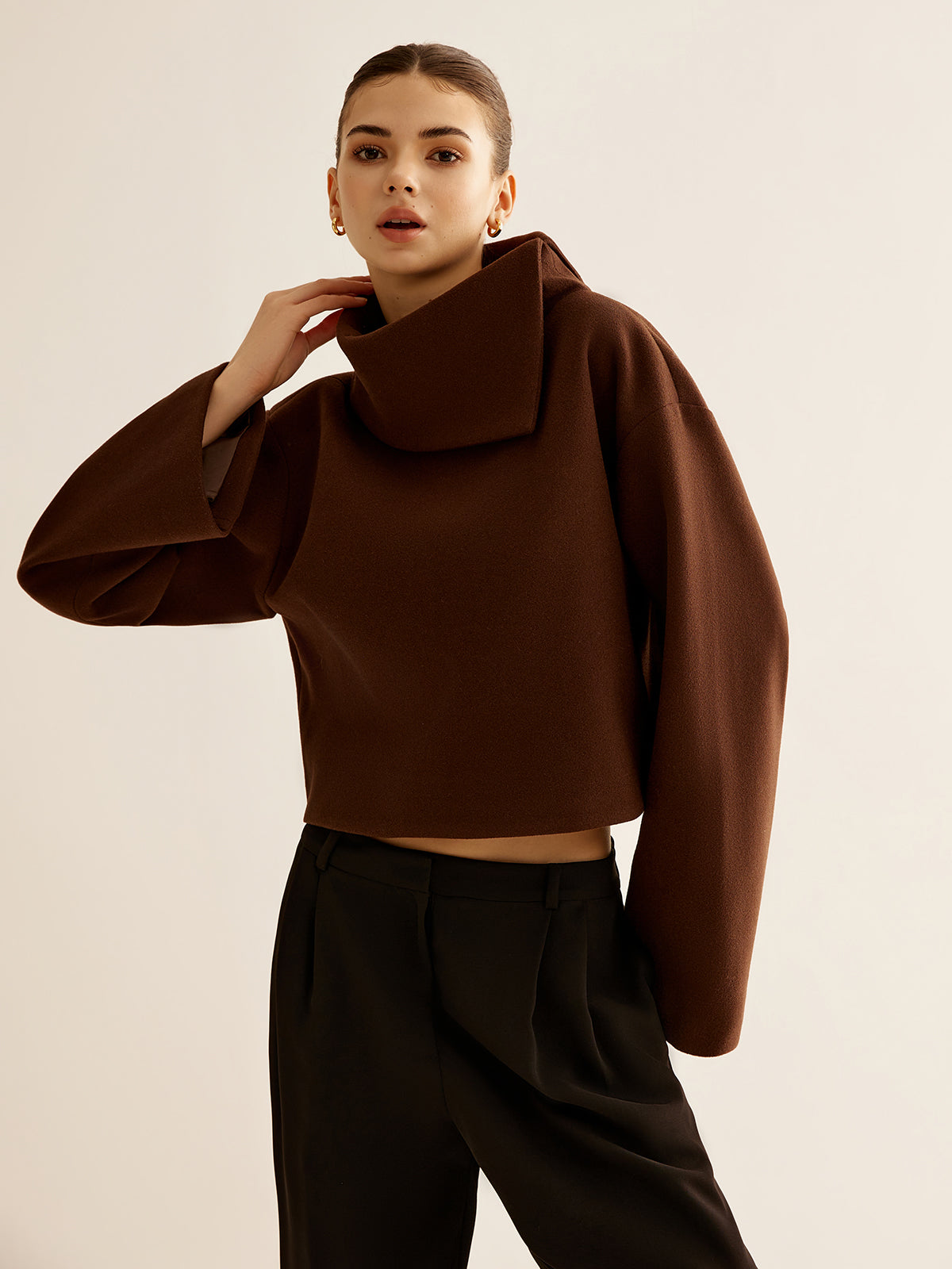 Plain Turtleneck Tweed Top