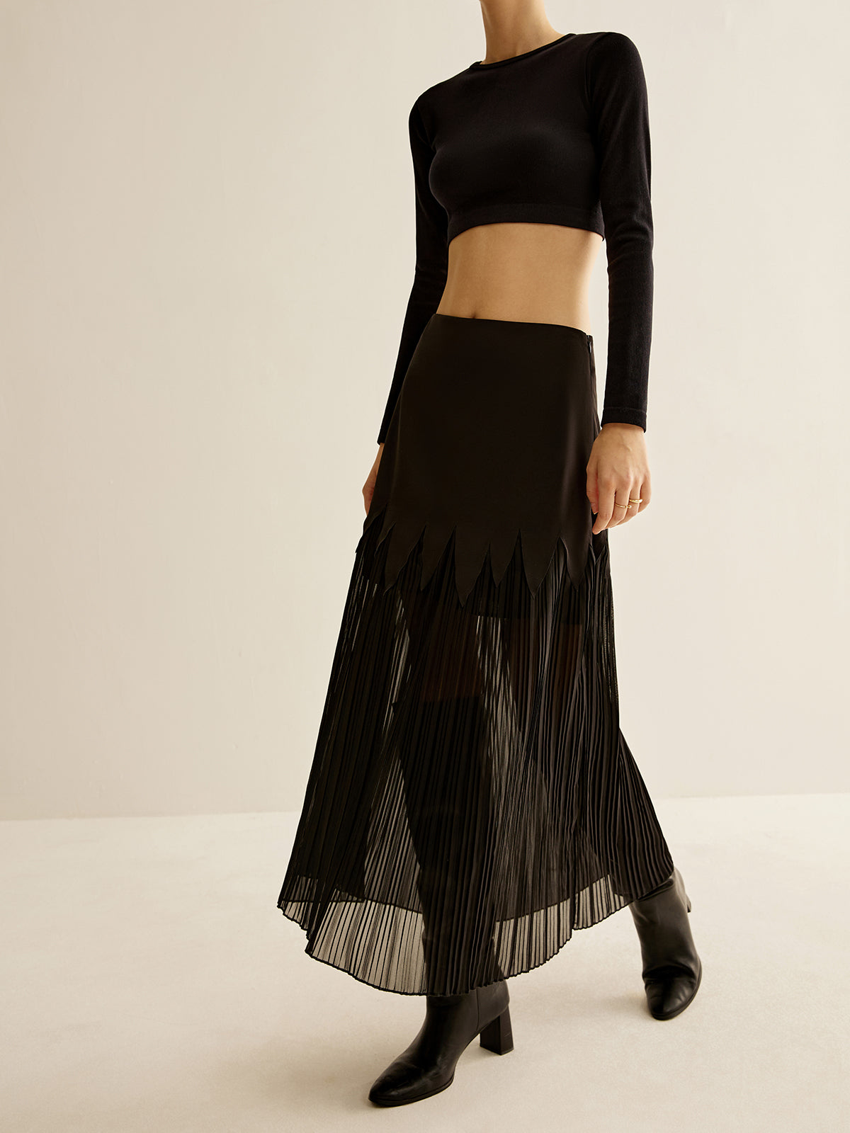 Panel Sheer Zipper Midi Skirt