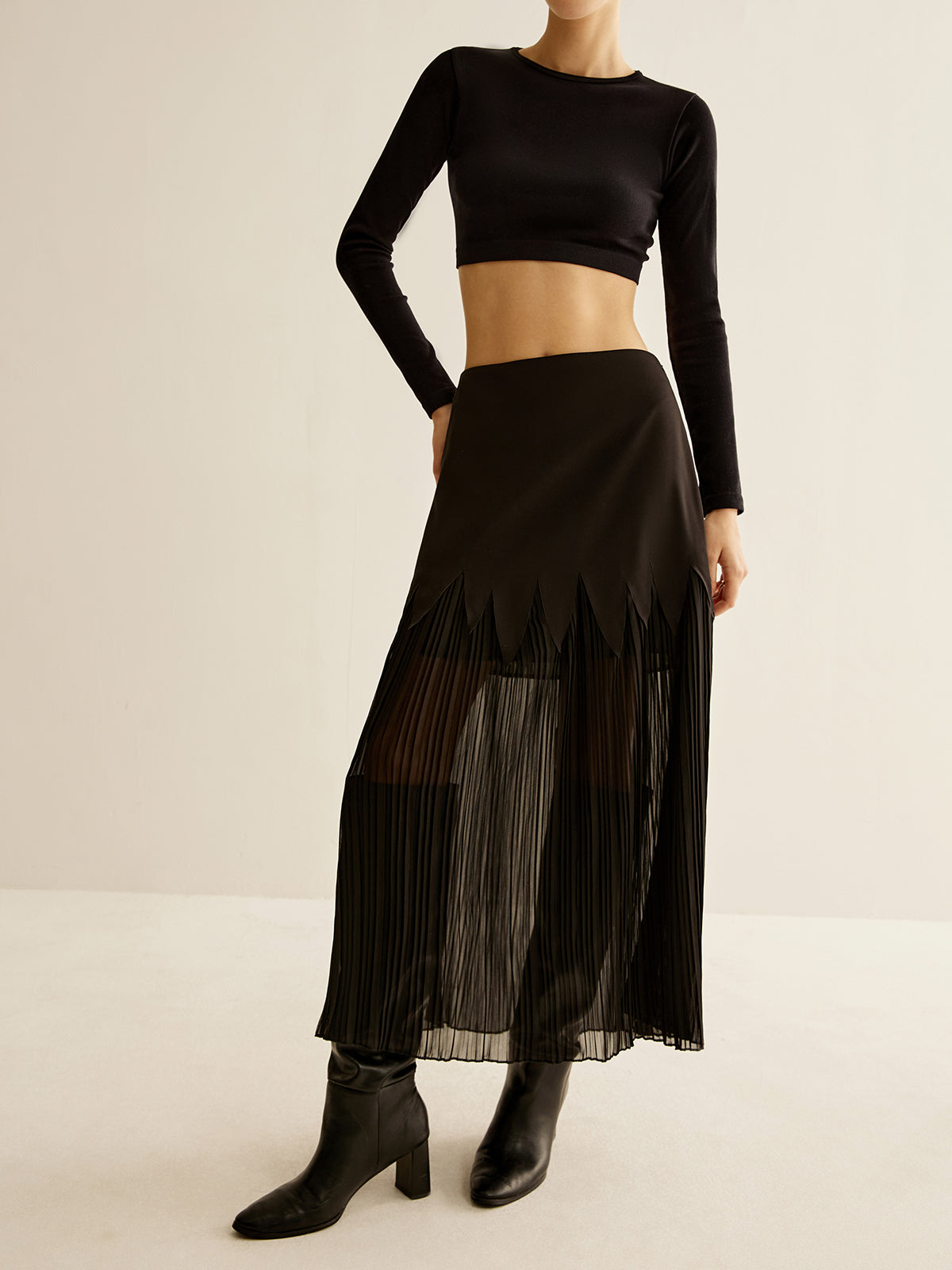 Panel Sheer Zipper Midi Skirt