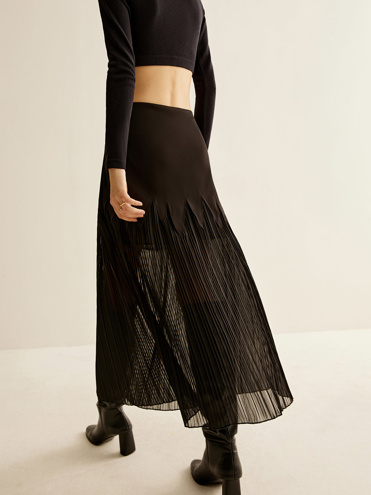 Panel Sheer Zipper Midi Skirt