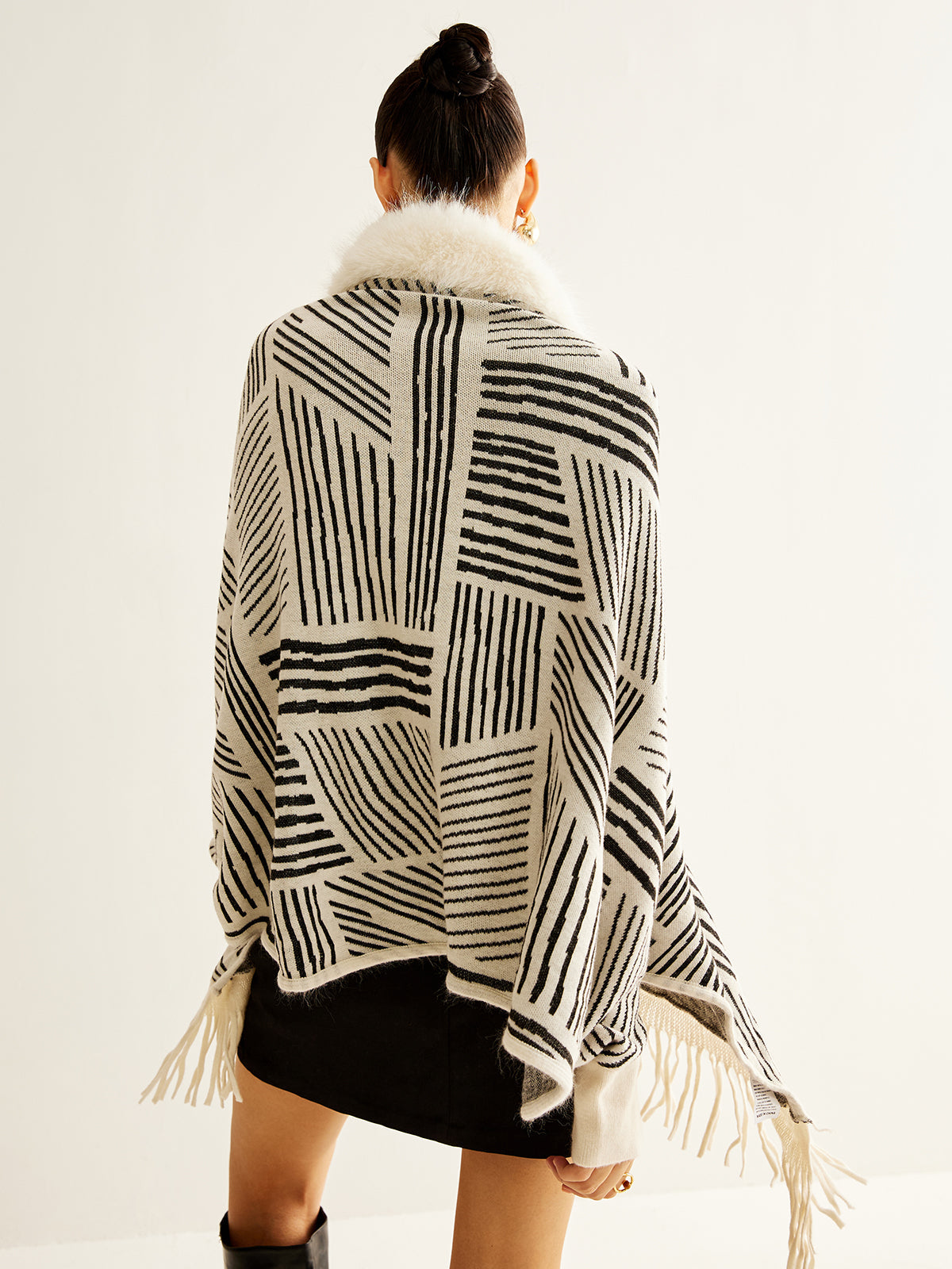 Geometric Striped Tassel Knit Minky Shawl