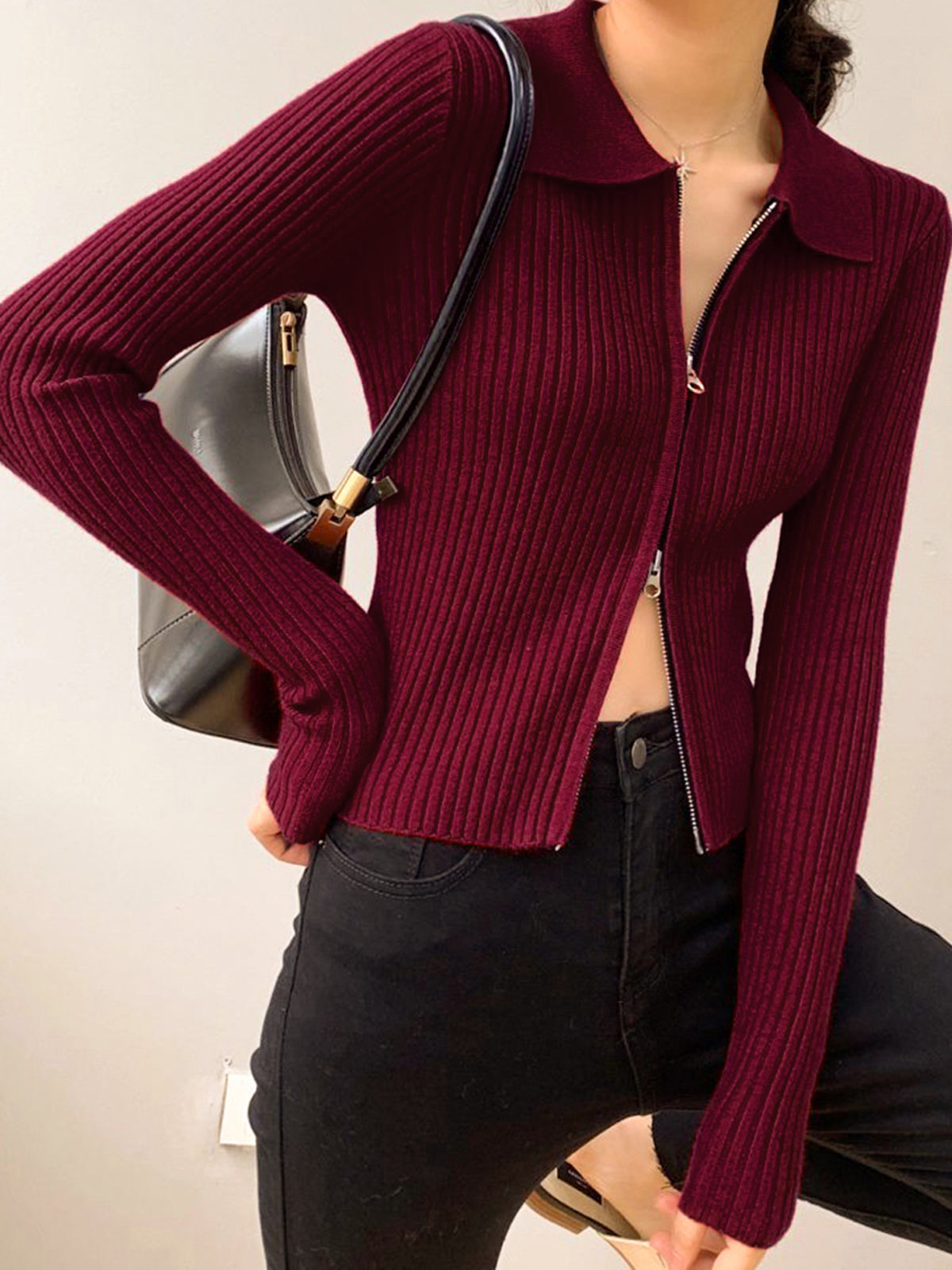 Double-Zip Ribbed Petite Sweater