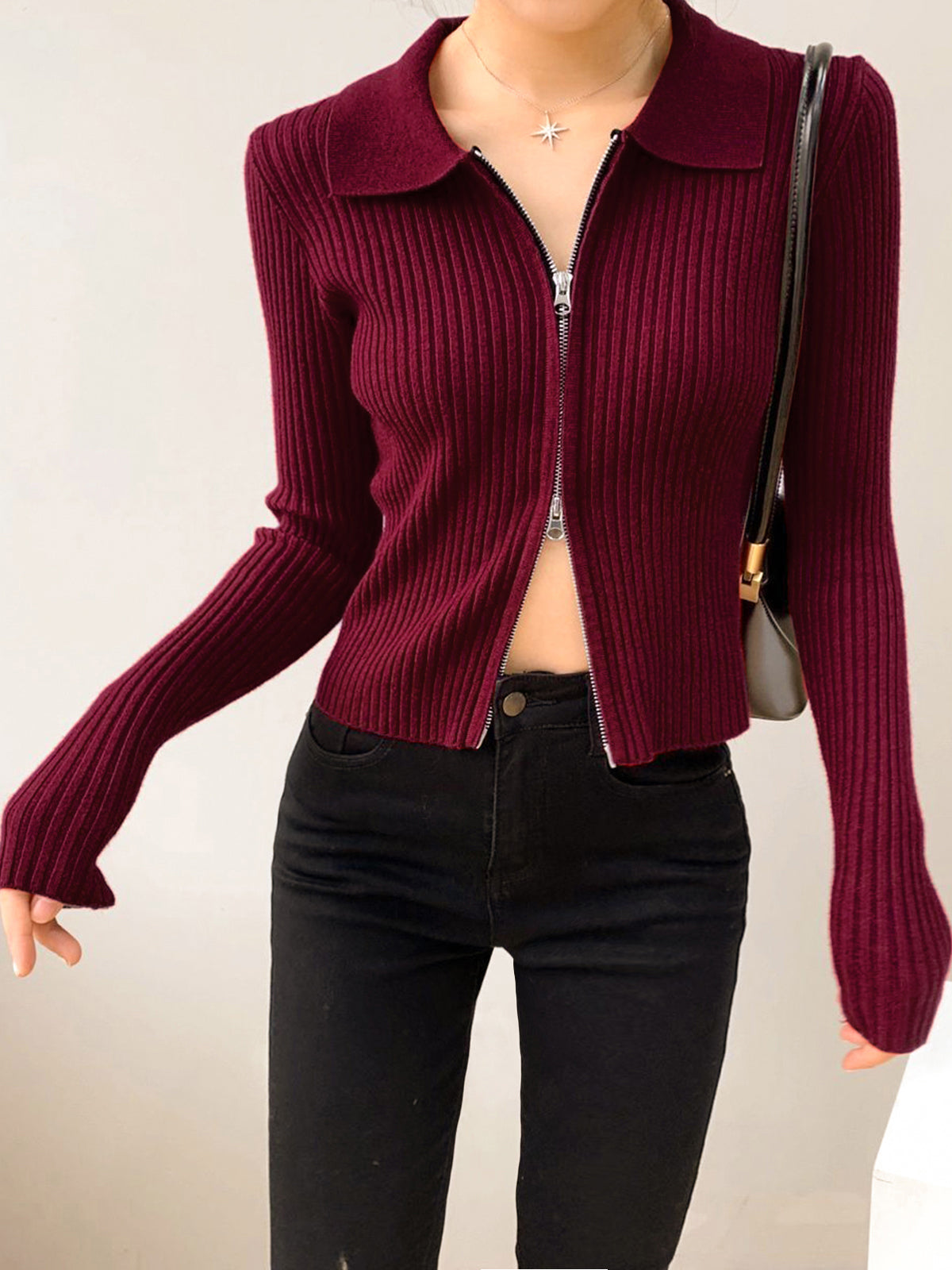 Double-Zip Ribbed Petite Sweater