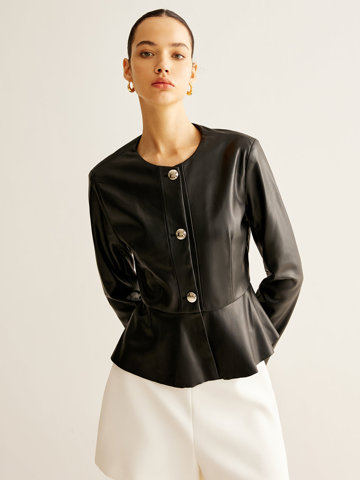 Breasted Ruffle Faux Leather Jacket