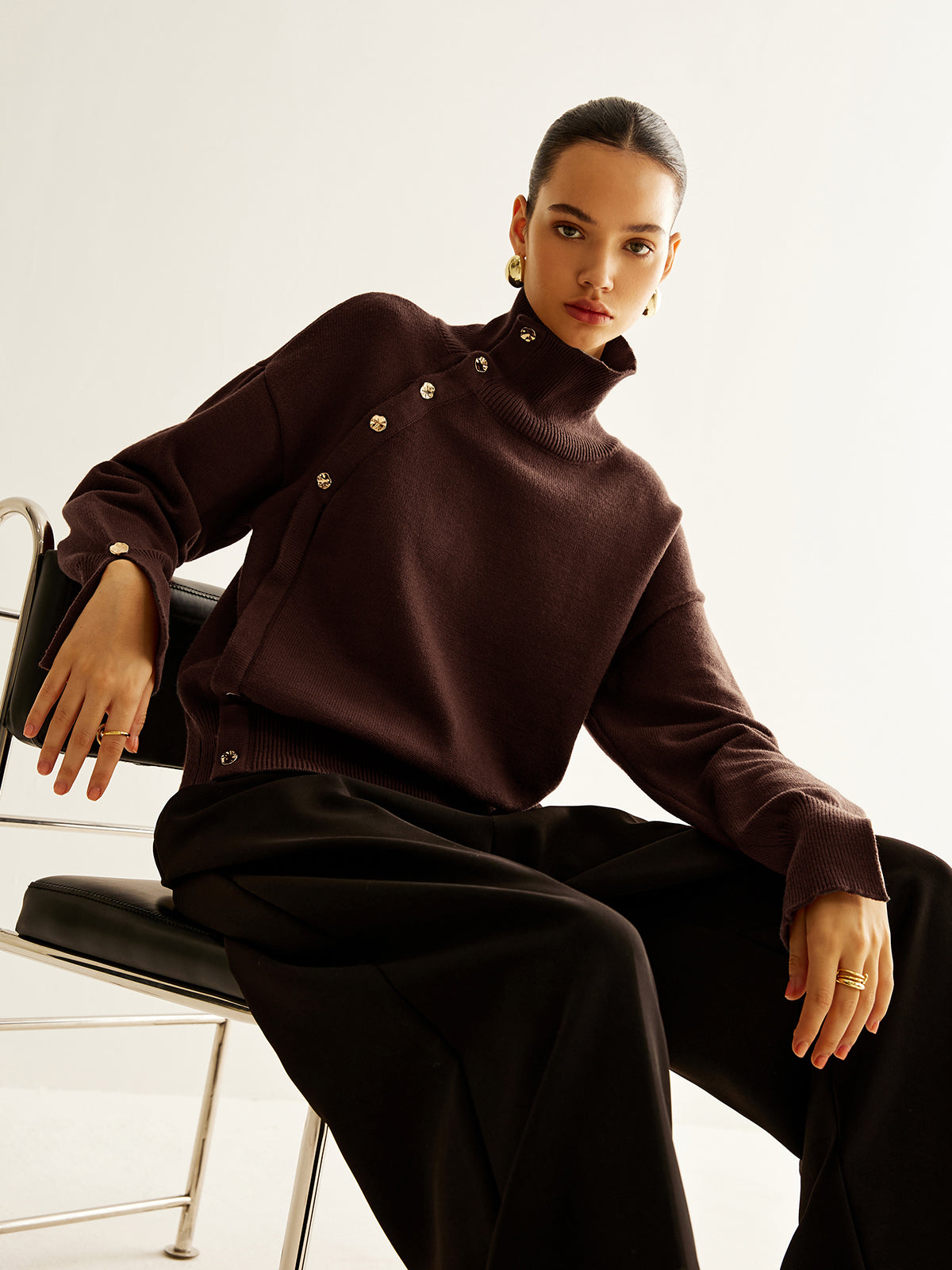 Turtleneck Asymmetrical Button Sweater