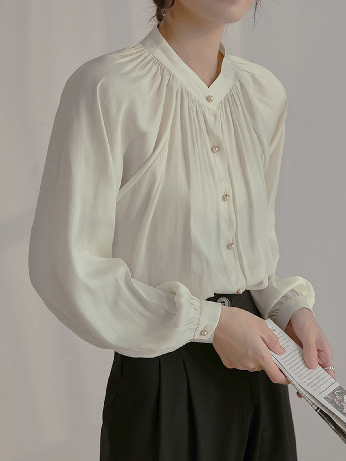 Pleated Collar Pearl Button Shirt