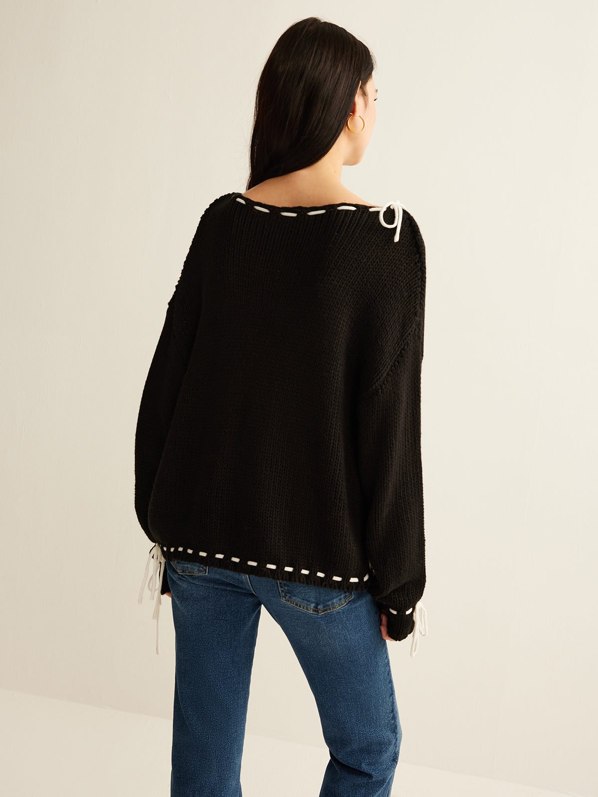 Contrast Trim Drawstring Sweater