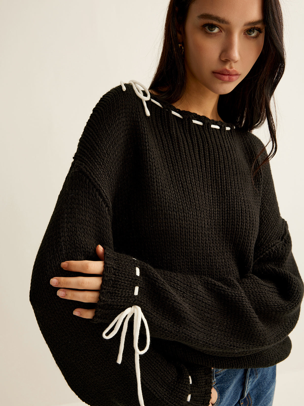 Contrast Trim Drawstring Sweater