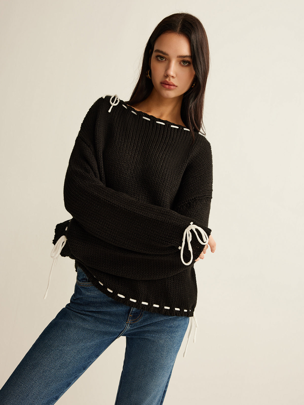 Contrast Trim Drawstring Sweater