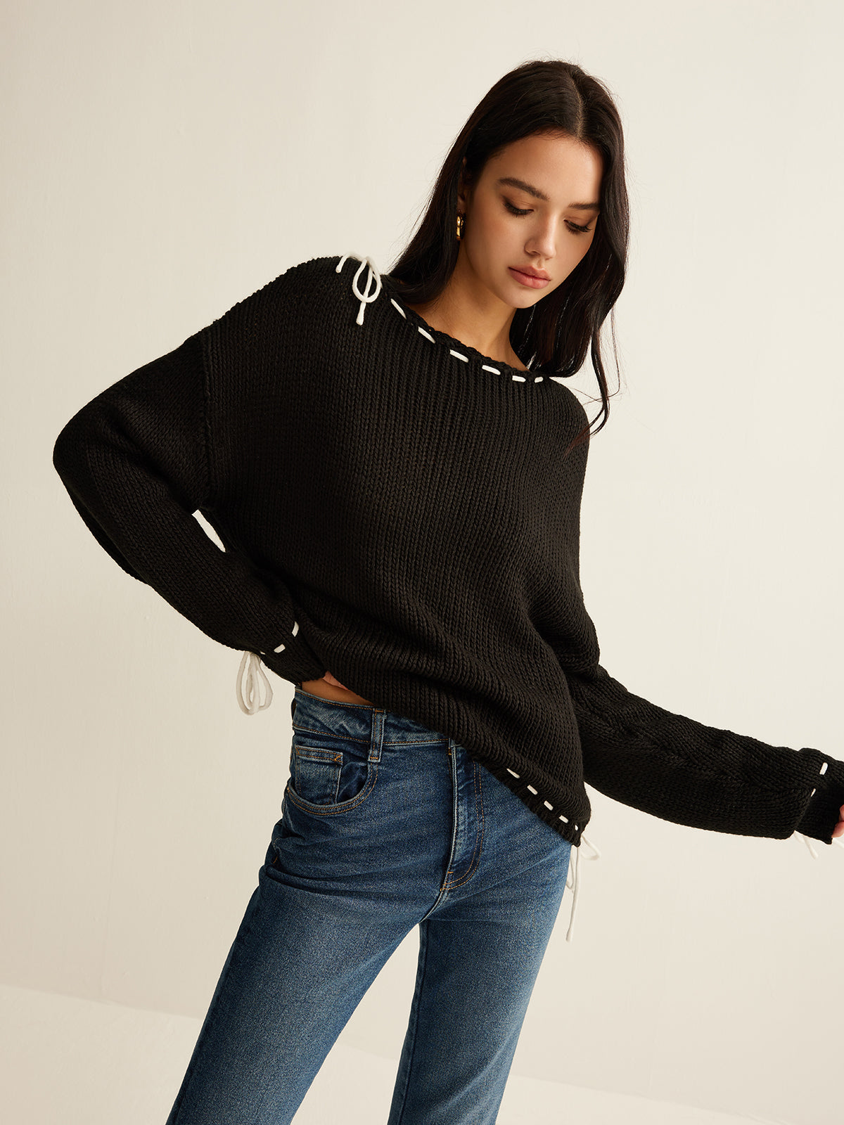 Contrast Trim Drawstring Sweater