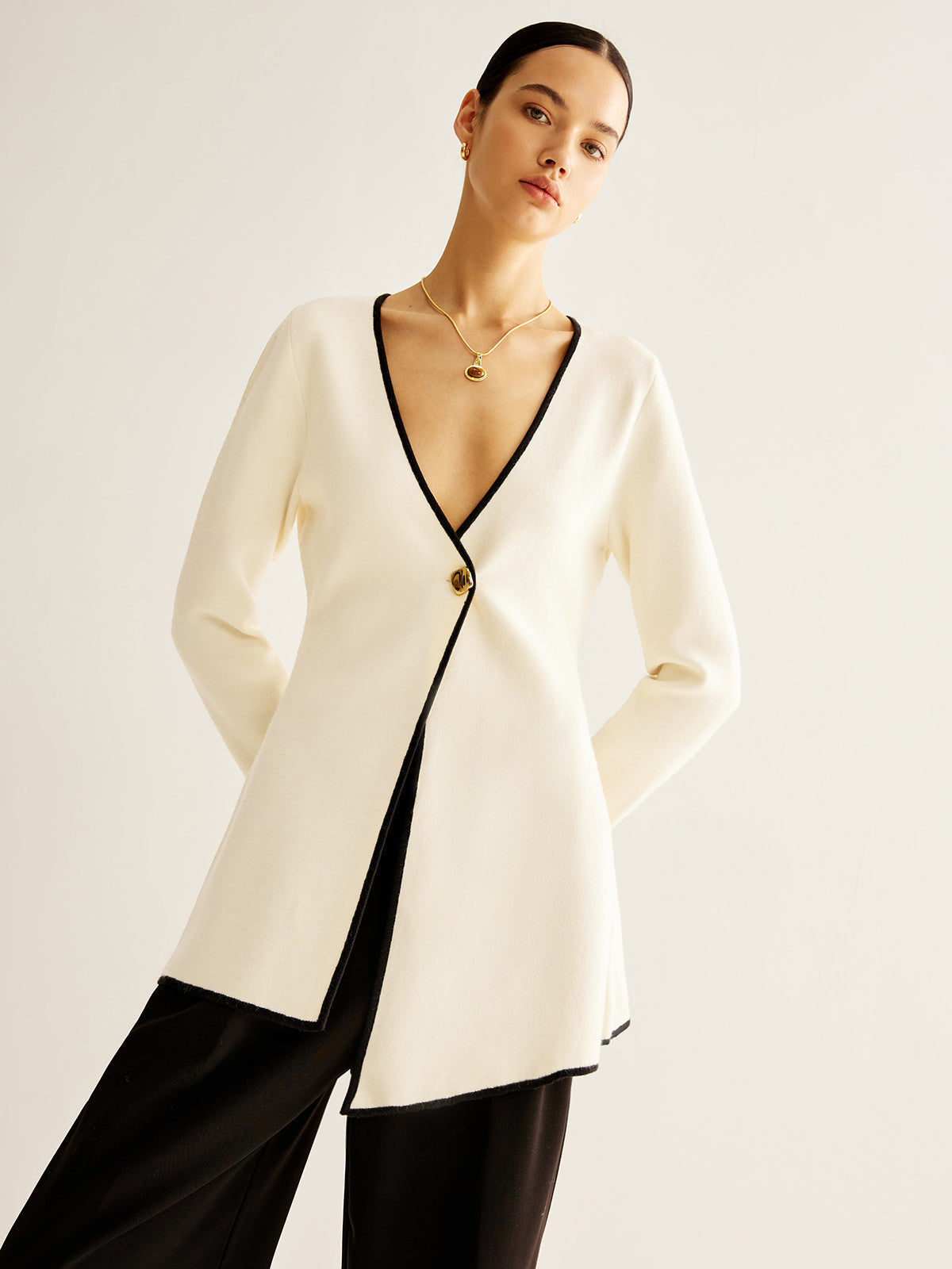 Wool-Blend Contrast Trim Slit Cardigan