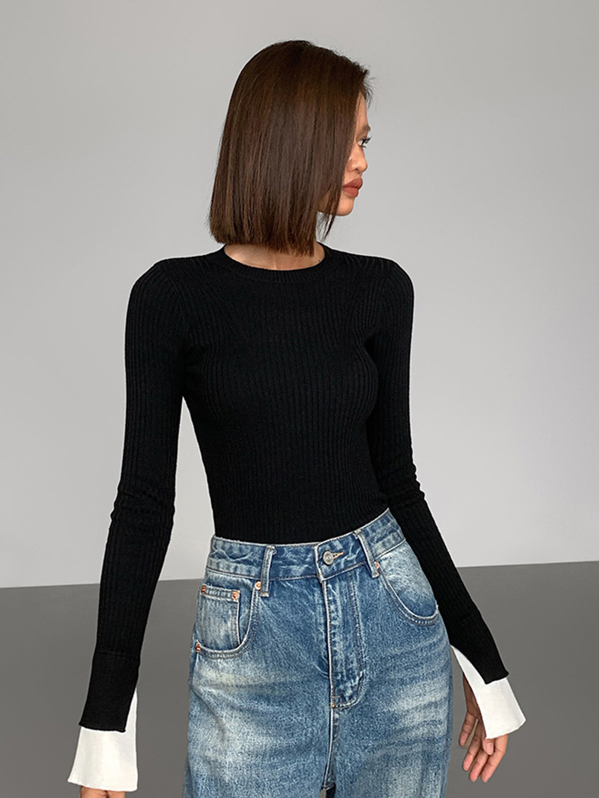 Ribbed Contrast Cuff Sweater