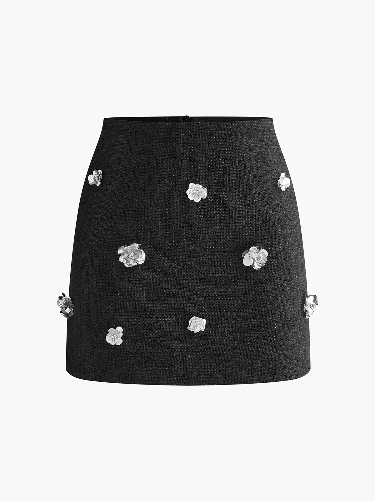 Tweed Floral-Beaded Zipper Skirt