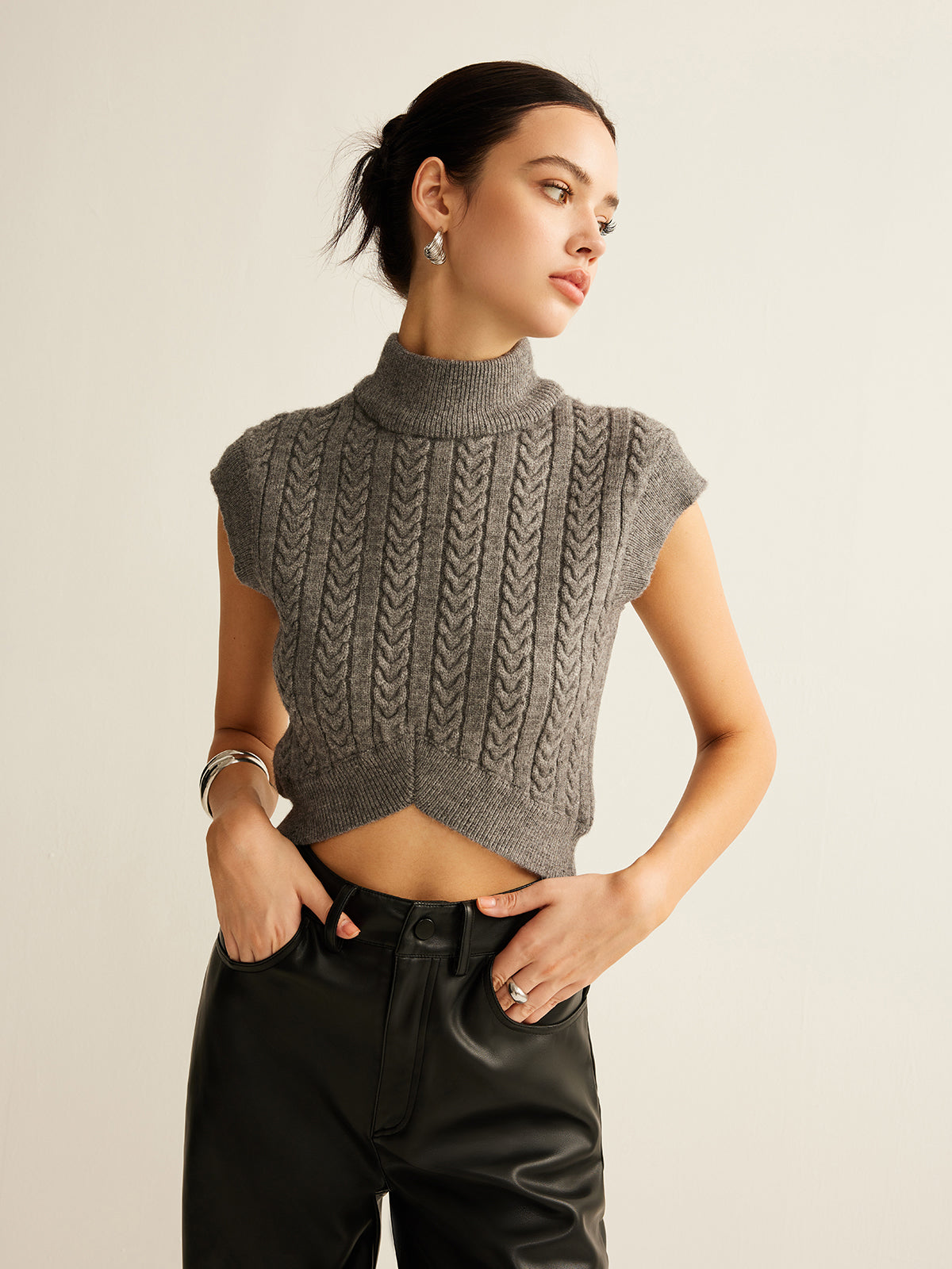 Cable-Knit Mock Neck Crop Sweater Vest