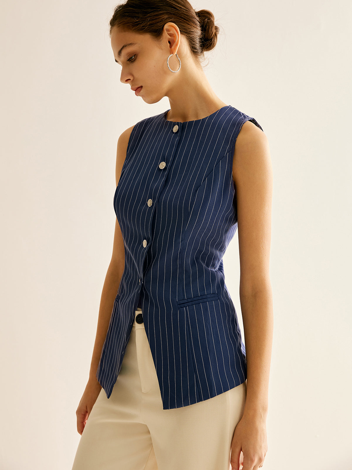 Pinstripe Button Sleeveless Shirt