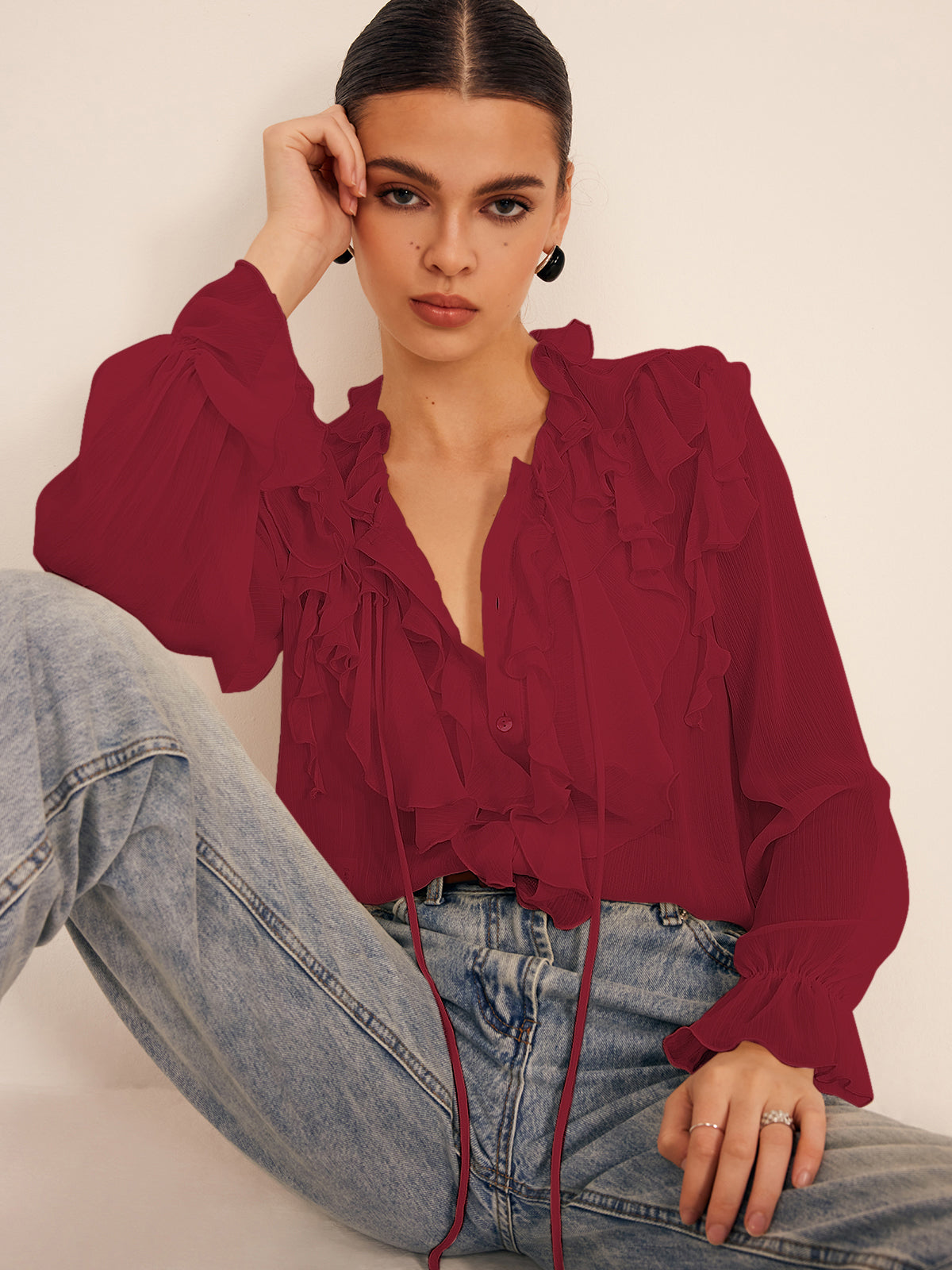 Ruffle Chiffon Breasted Thin Shirt