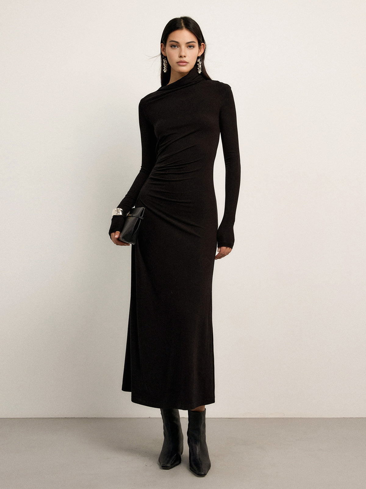 Bodycon Asymmetrical Neck Long Sleeve Ruched Maxi Dress