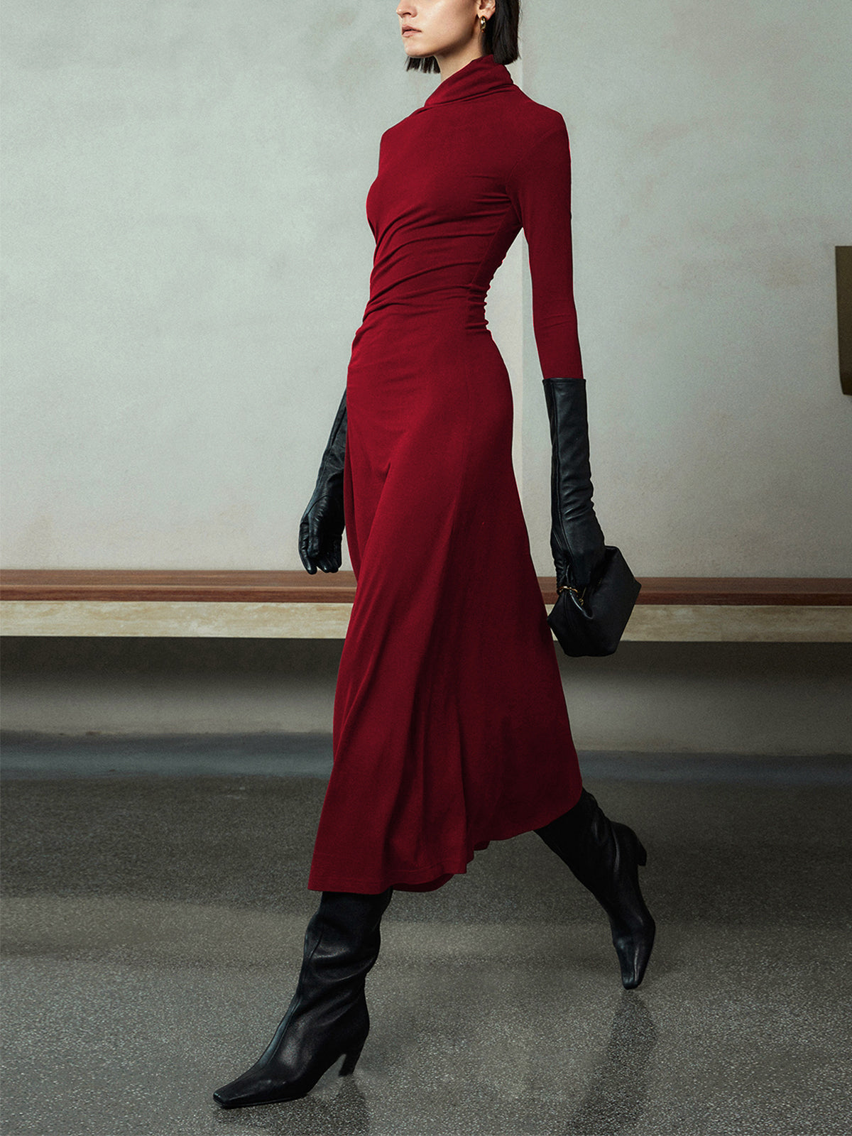 Bodycon Asymmetrical Neck Long Sleeve Ruched Maxi Dress