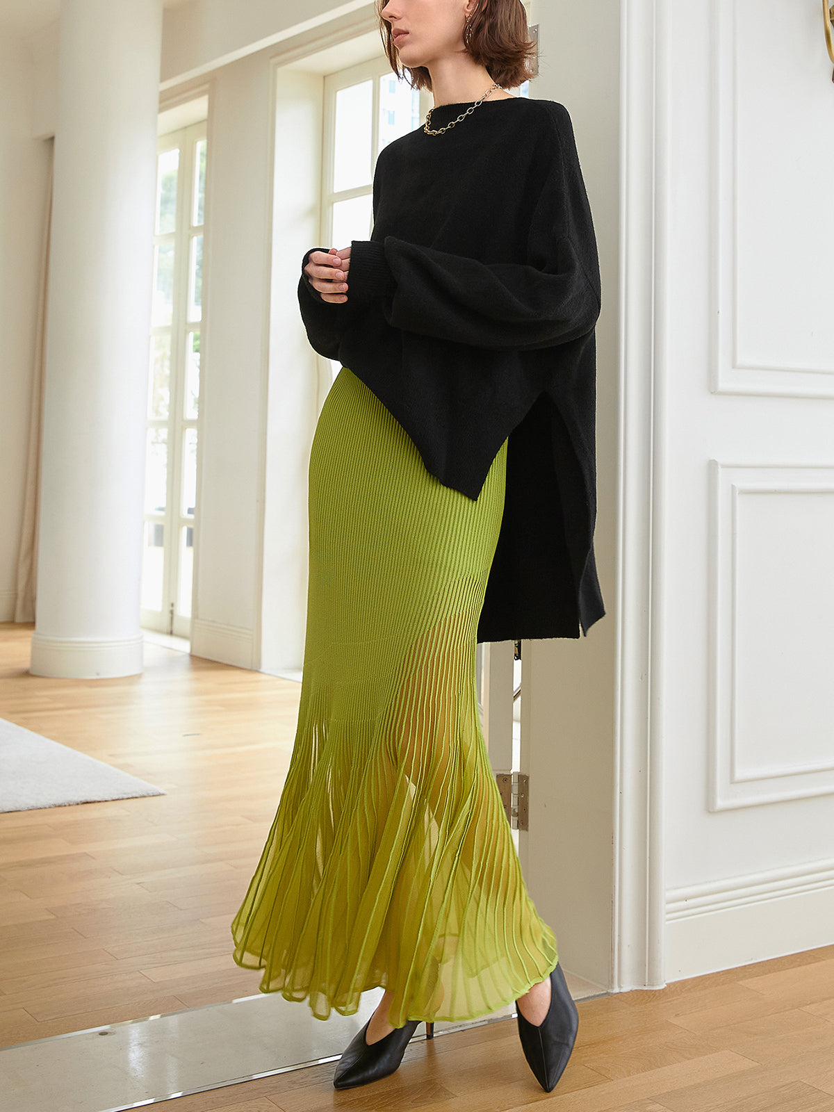 Knit Pleated Semi-sheer Maxi Skirt