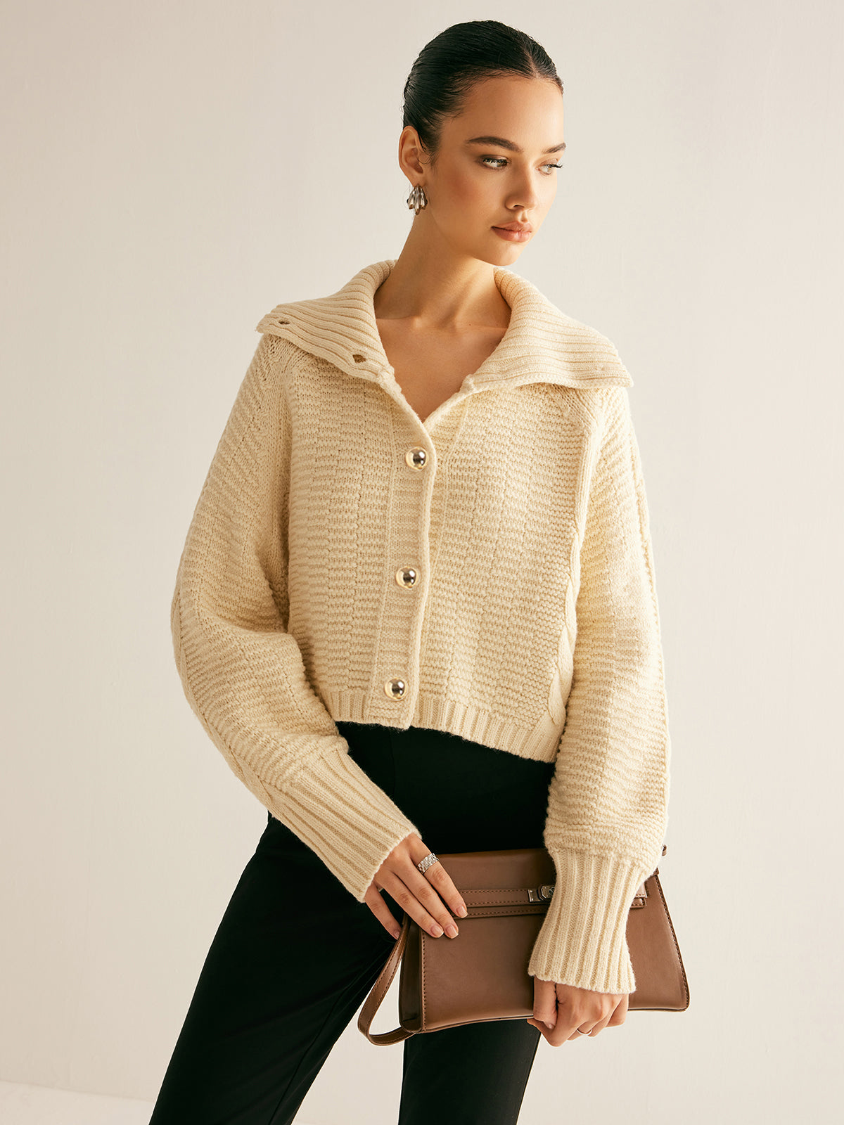 Lapel Breasted Cable-Knit Cardigan