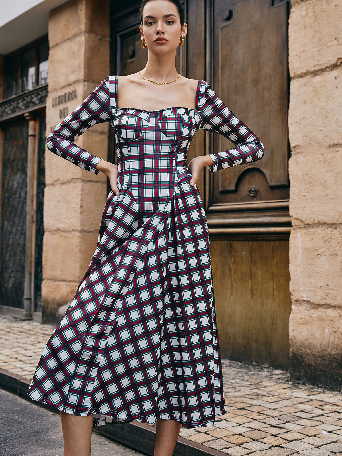 Sweetheart Plaid Pleated Dress