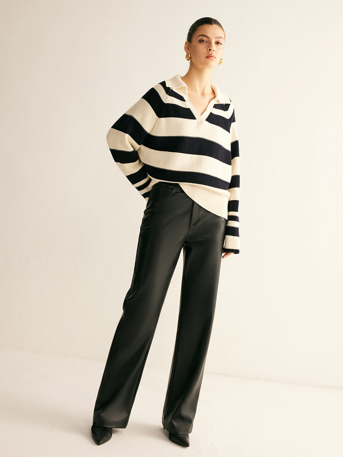 V-Neck Two-Tone Striped Polo Sweater