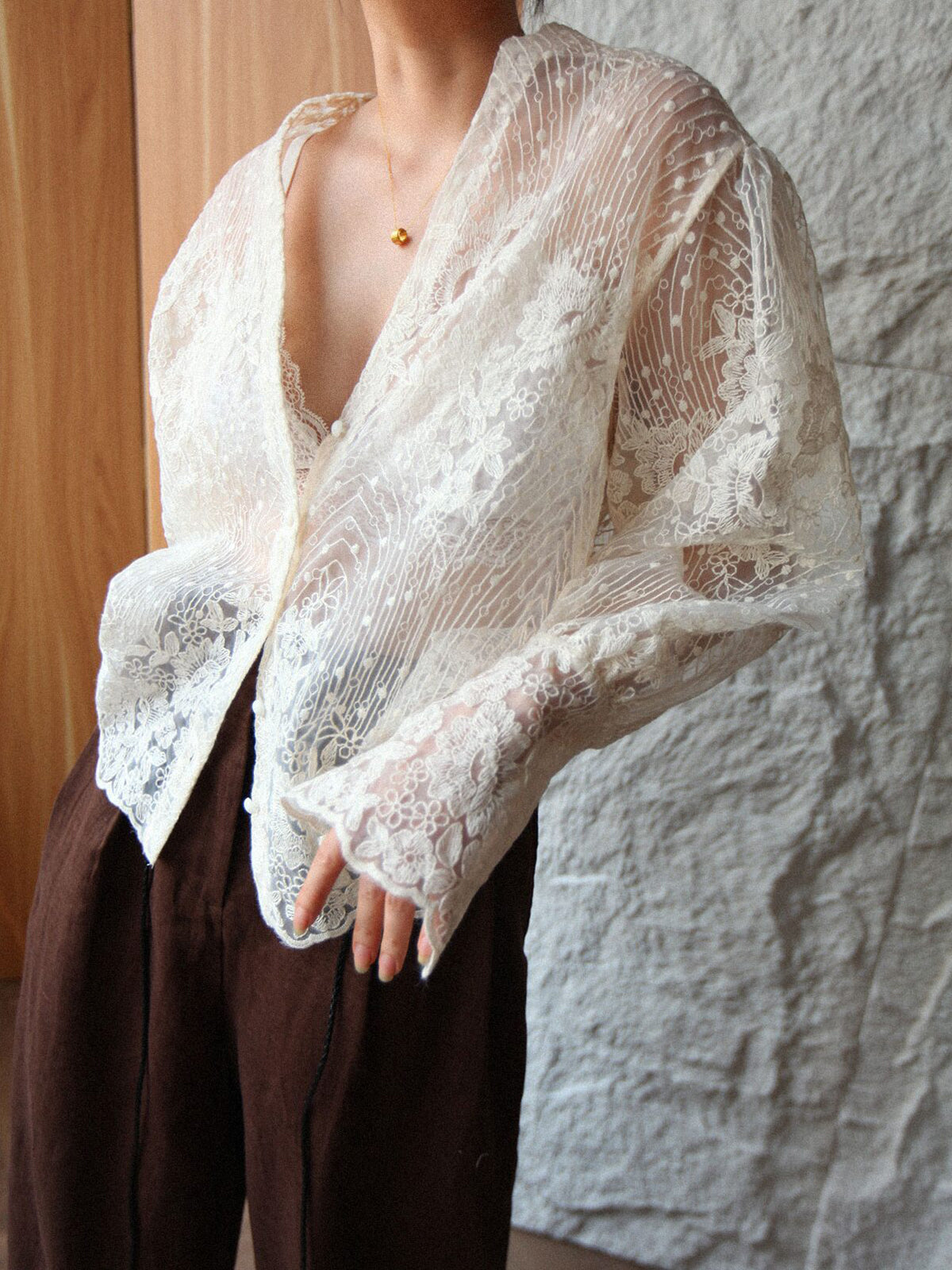 V-Neck Button Floral Sheer Shirt